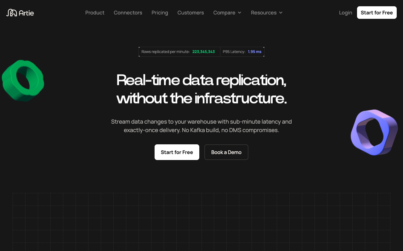 Artie landing page screenshot