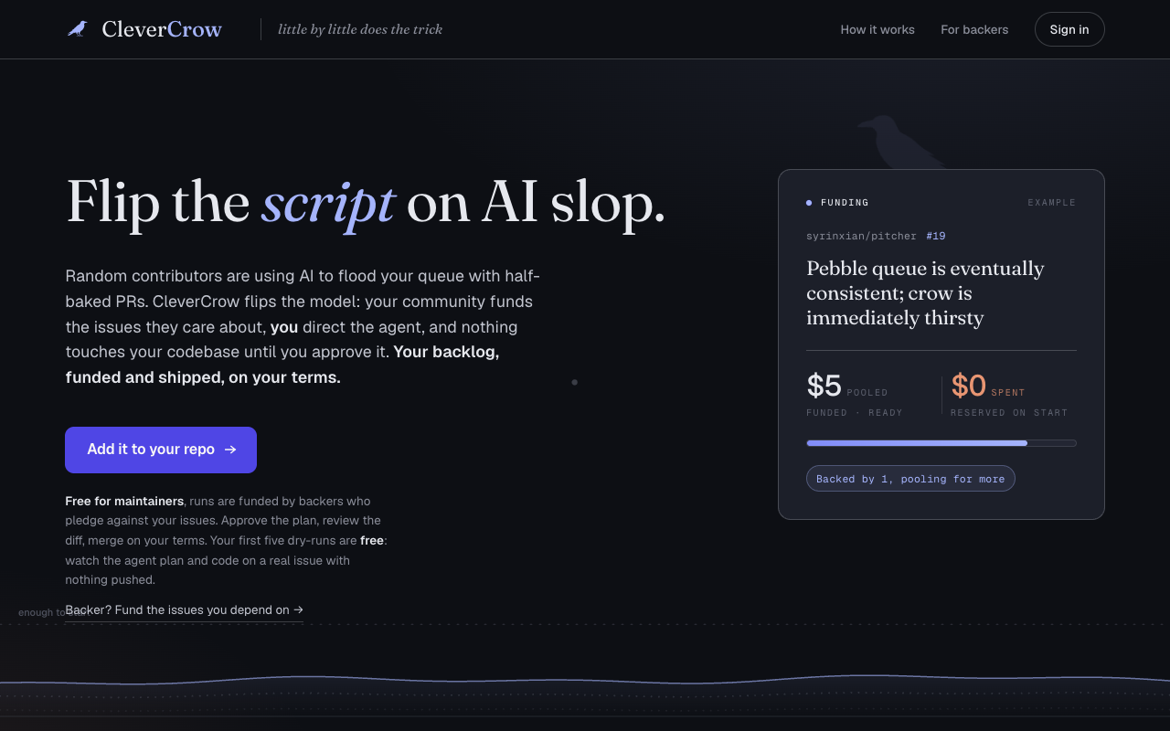 Clevercrow landing page screenshot
