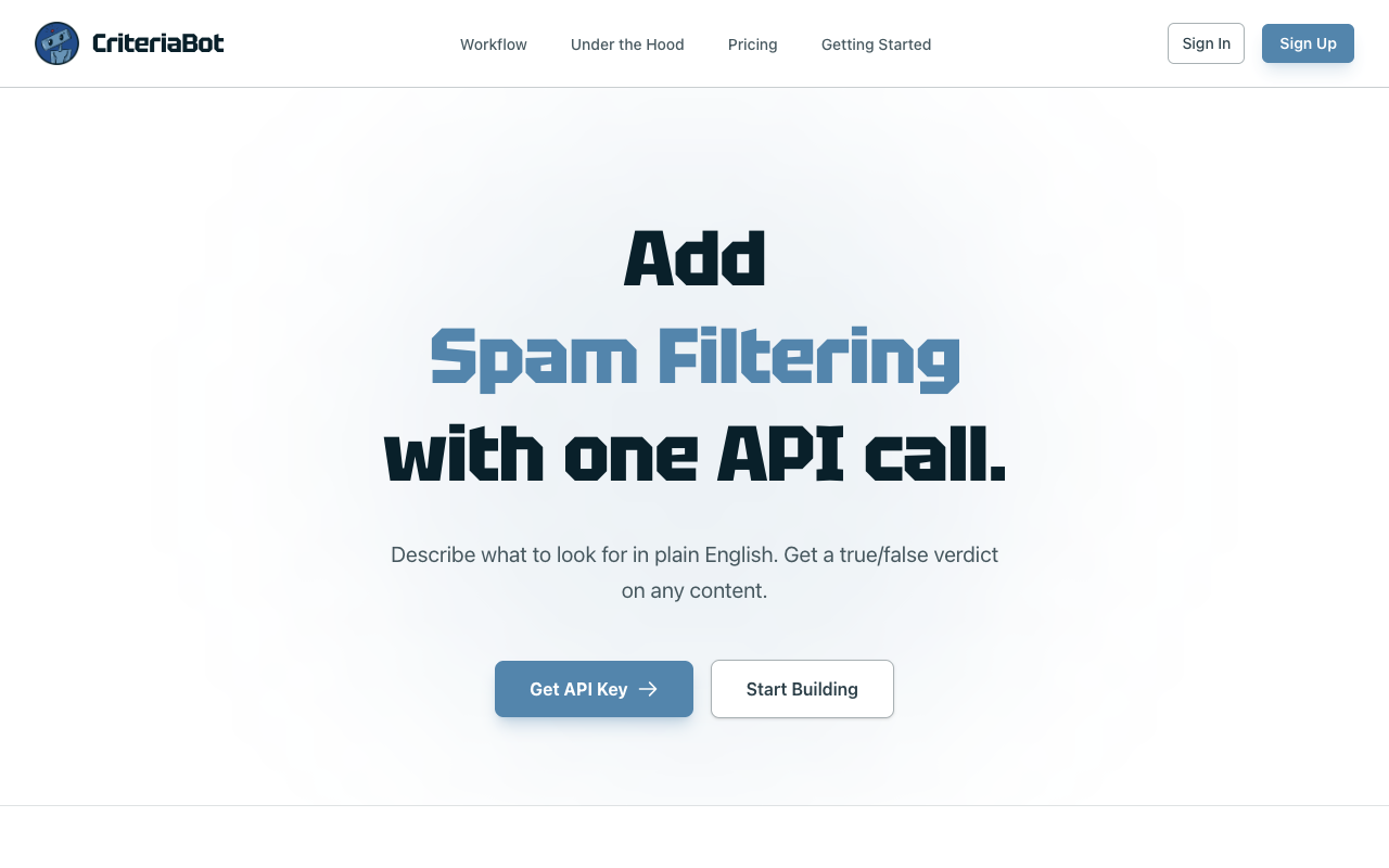 CriteriaBot landing page screenshot