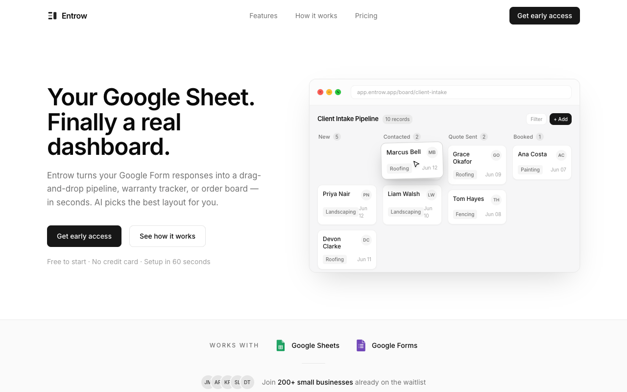 Entrow landing page screenshot