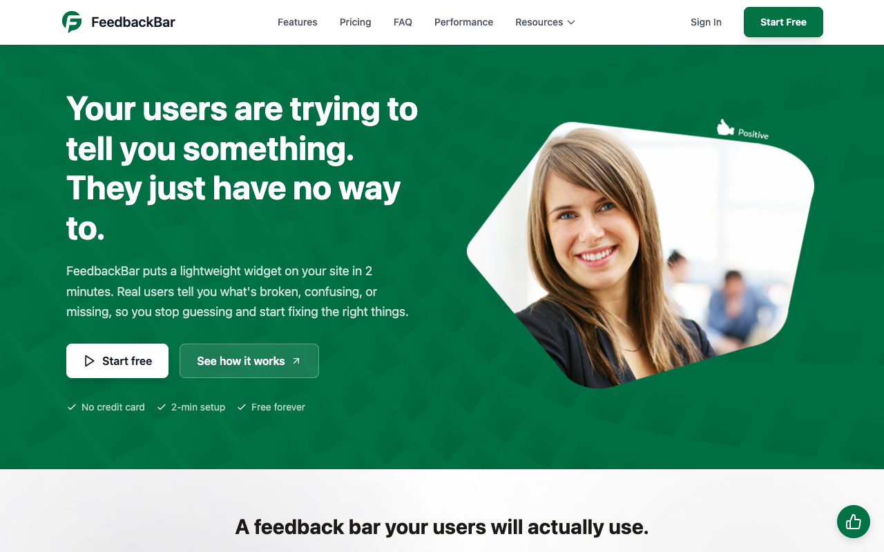 FeedbackBar landing page screenshot