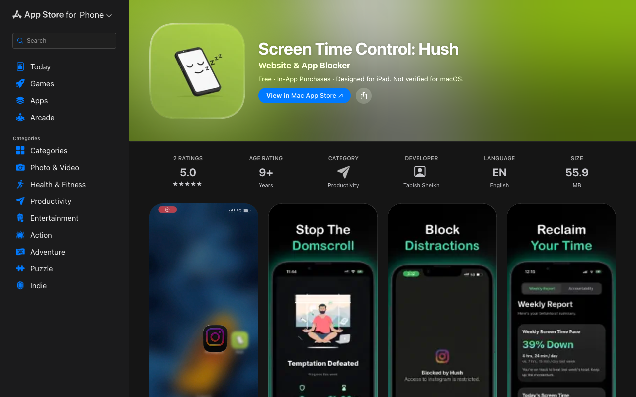 Hush landing page screenshot