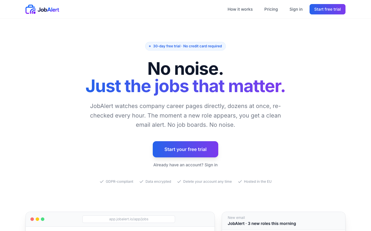 JobAlert landing page screenshot