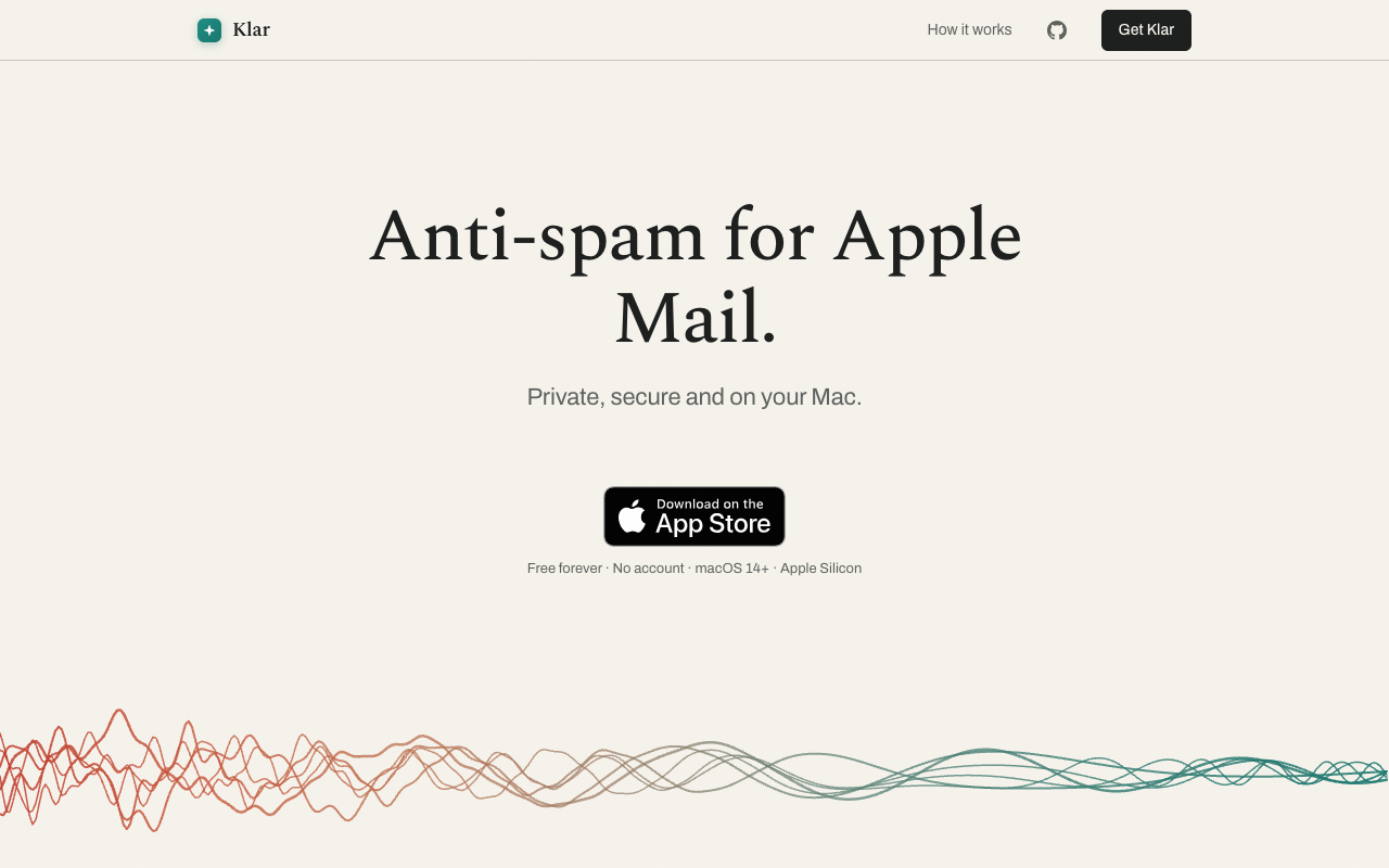 Klar AI spam filter landing page screenshot