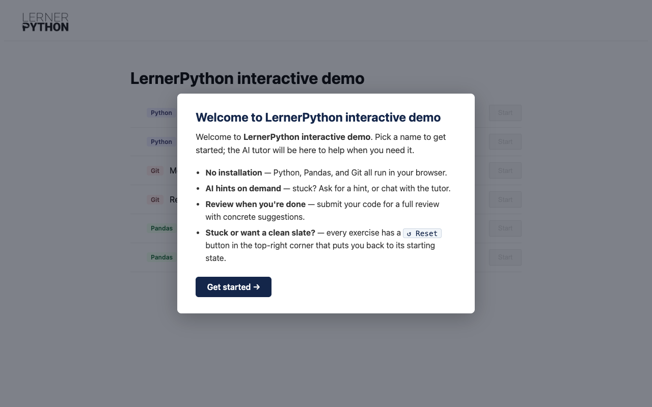 LernerPython Practice landing page screenshot