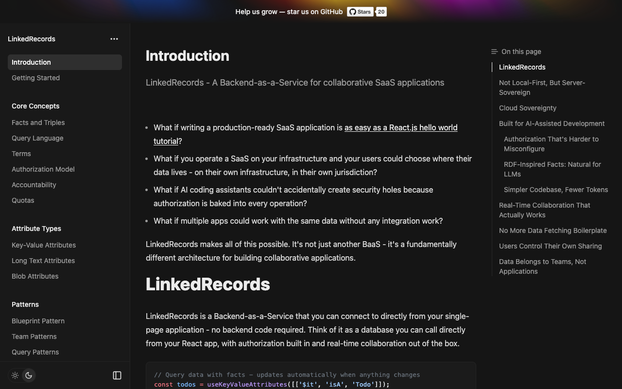 LinkedRecords landing page screenshot