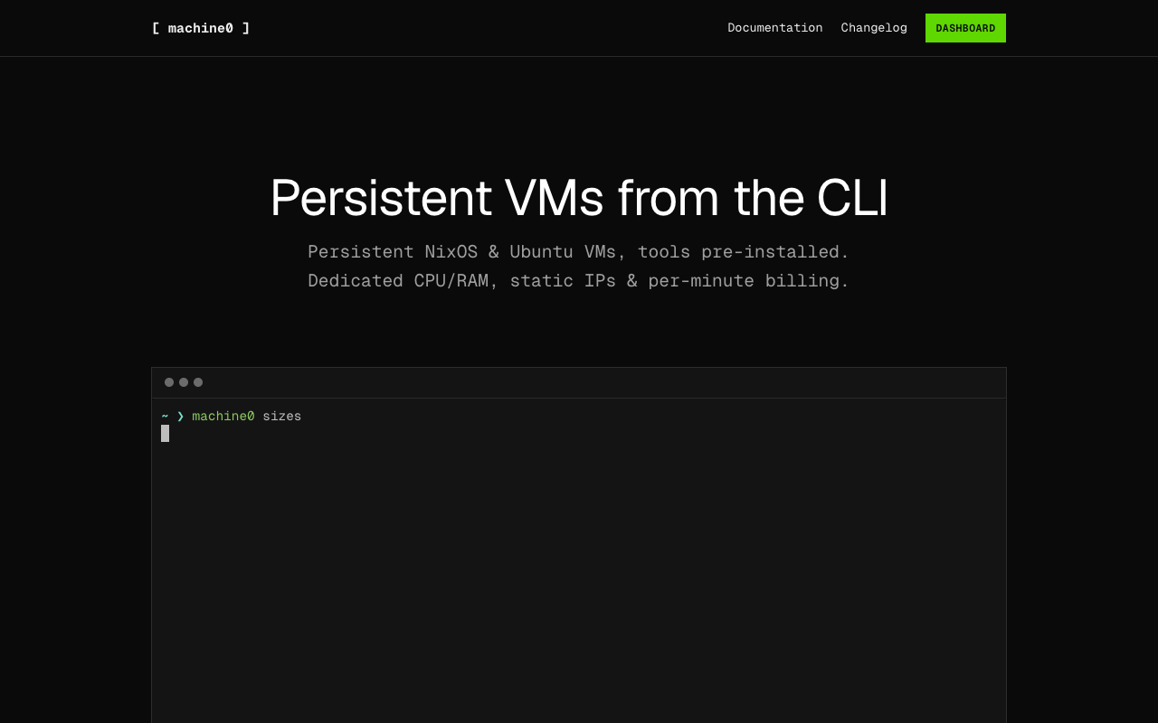 Machine0 landing page screenshot