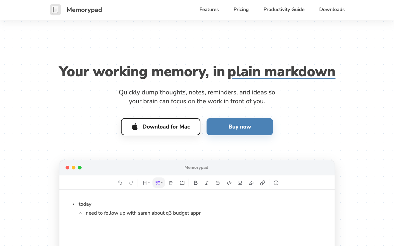 Memorypad landing page screenshot