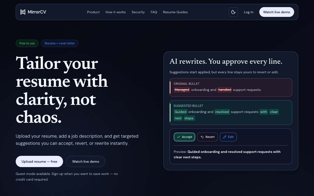 MirrorCV landing page screenshot