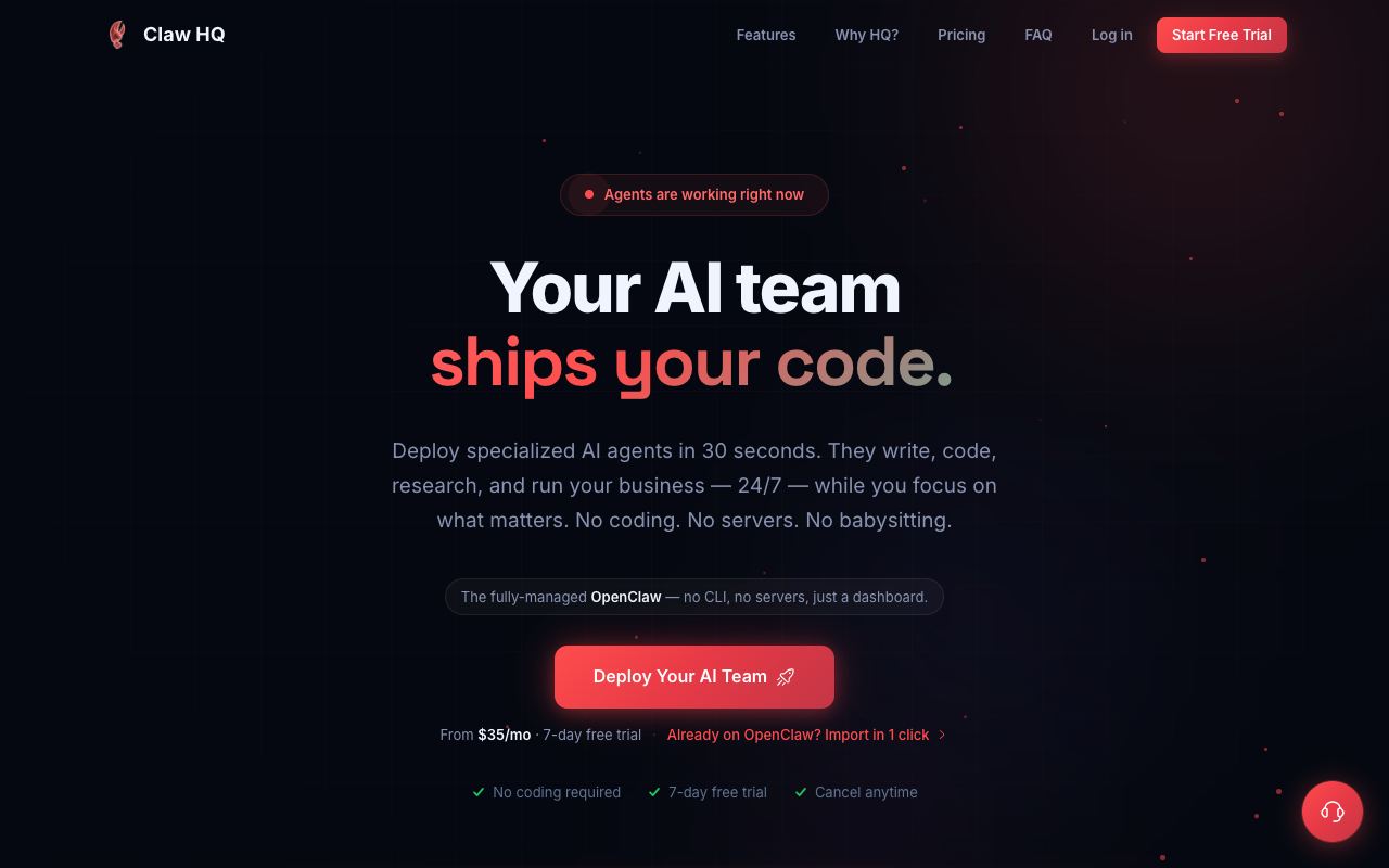 Claw Headquarters landing page screenshot