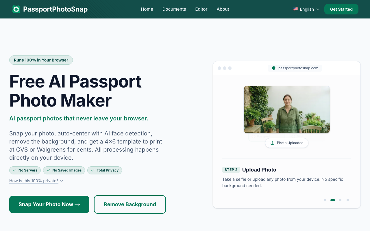 PassportPhotoSnap landing page screenshot