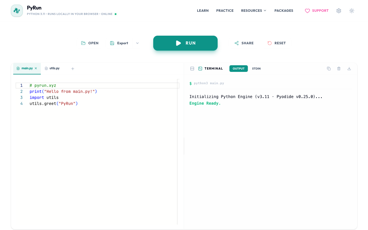 PyRun landing page screenshot
