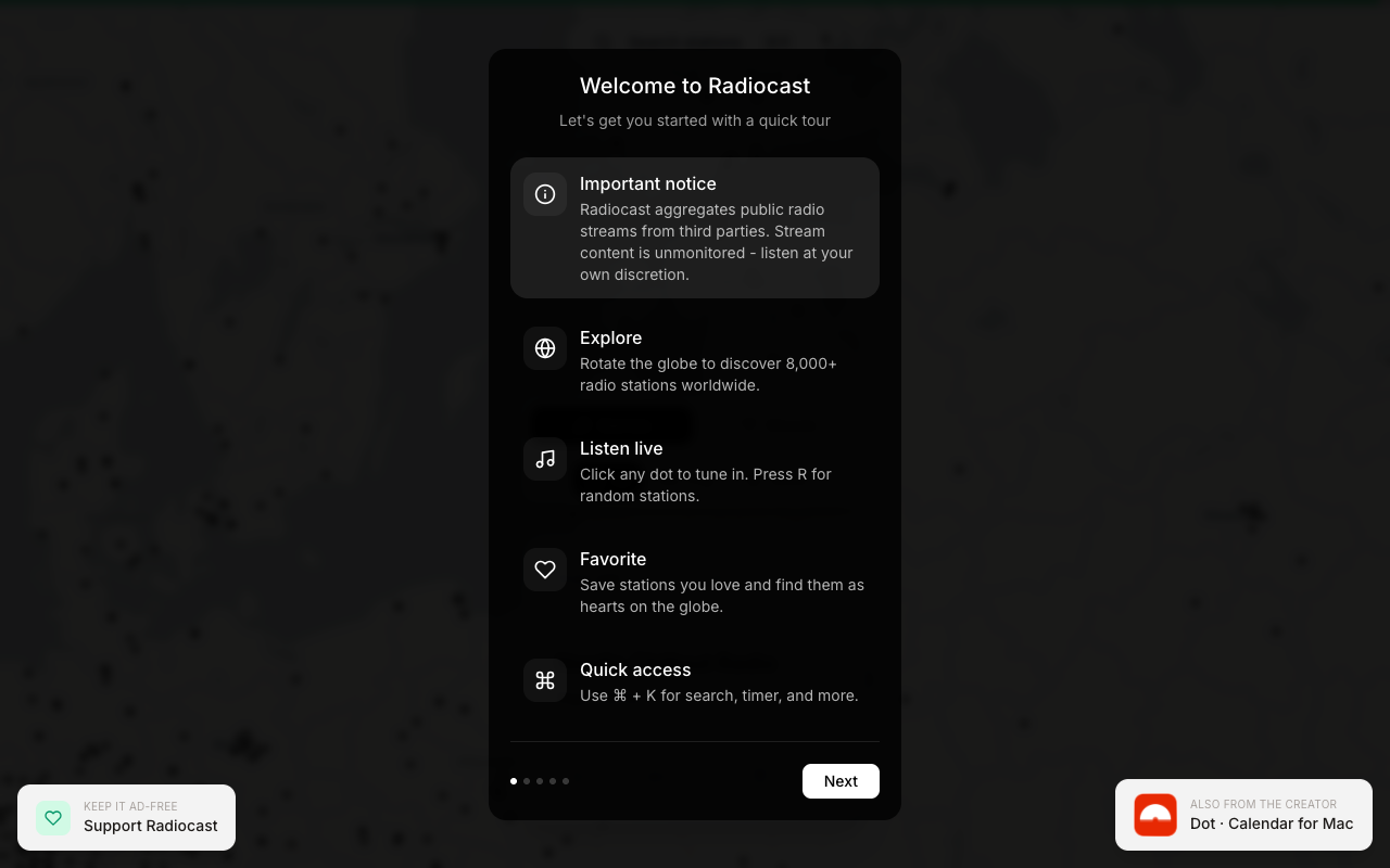 Radiocast landing page screenshot