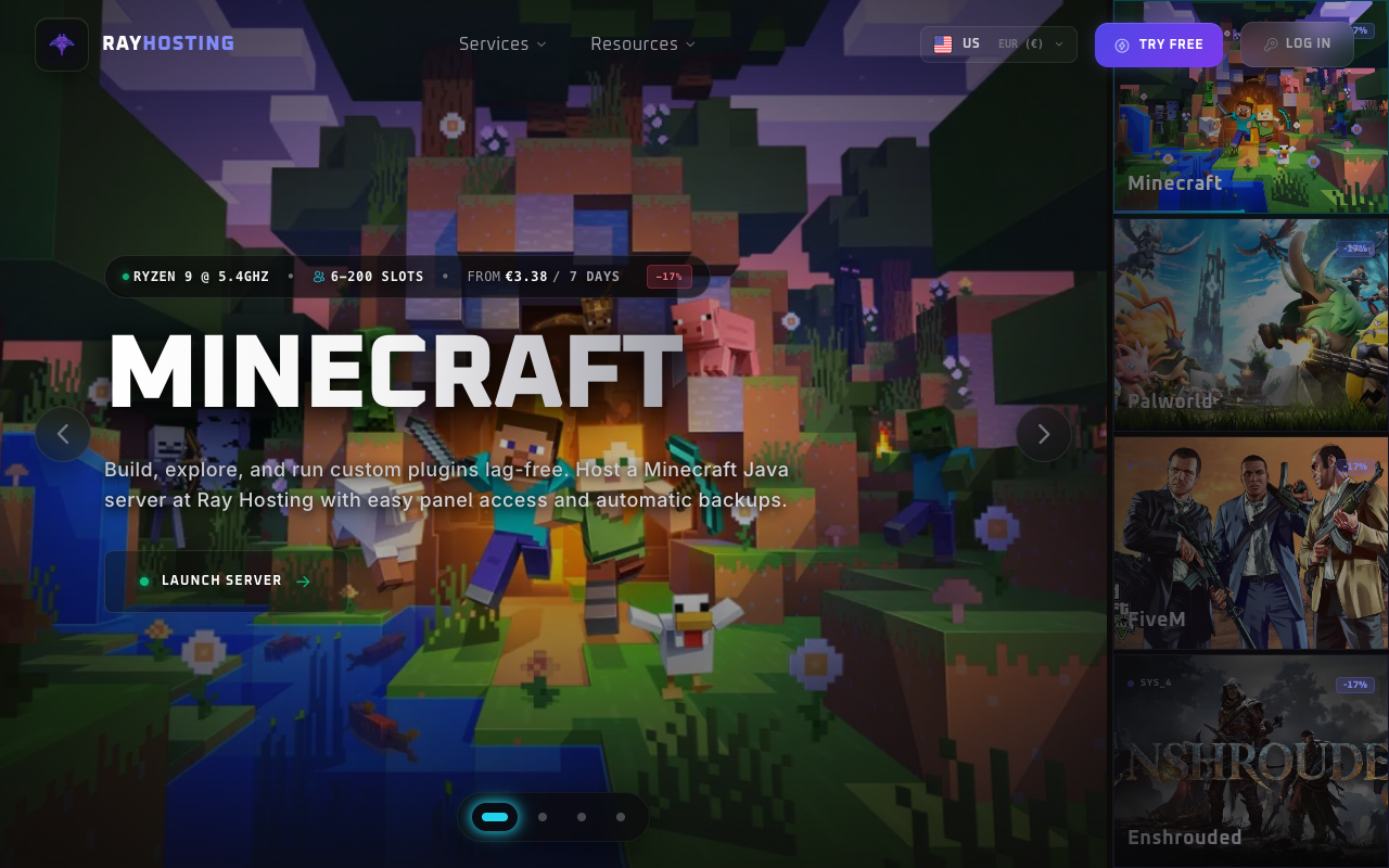 Ray Hosting landing page screenshot