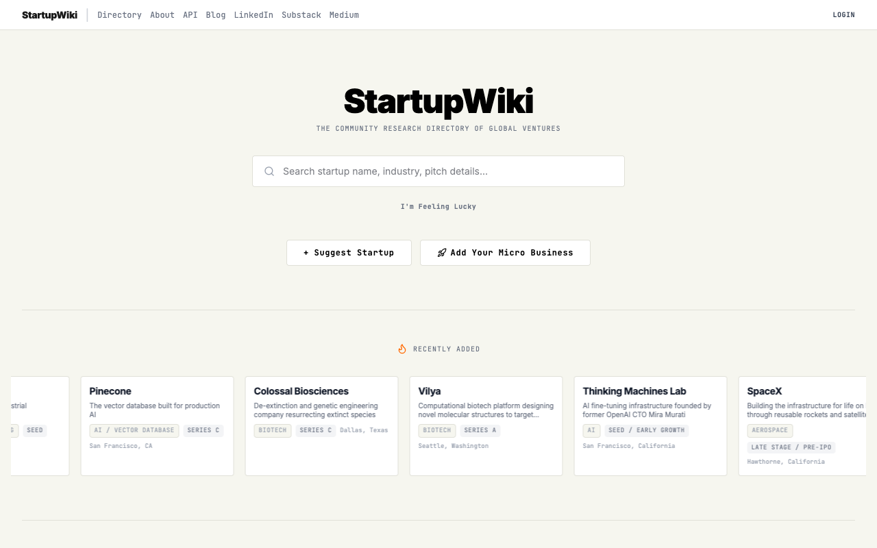 StartupWiki landing page screenshot
