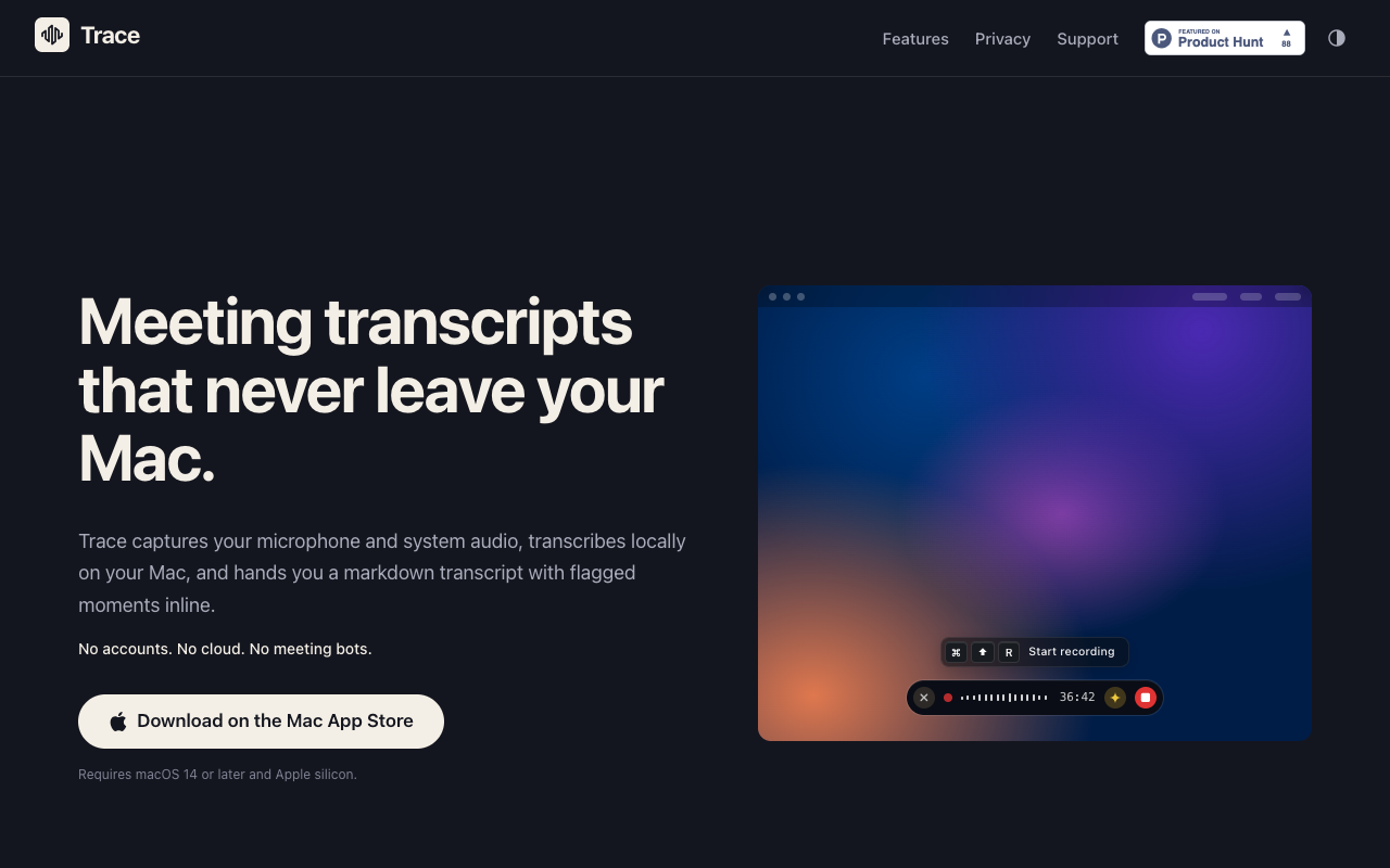 Trace landing page screenshot