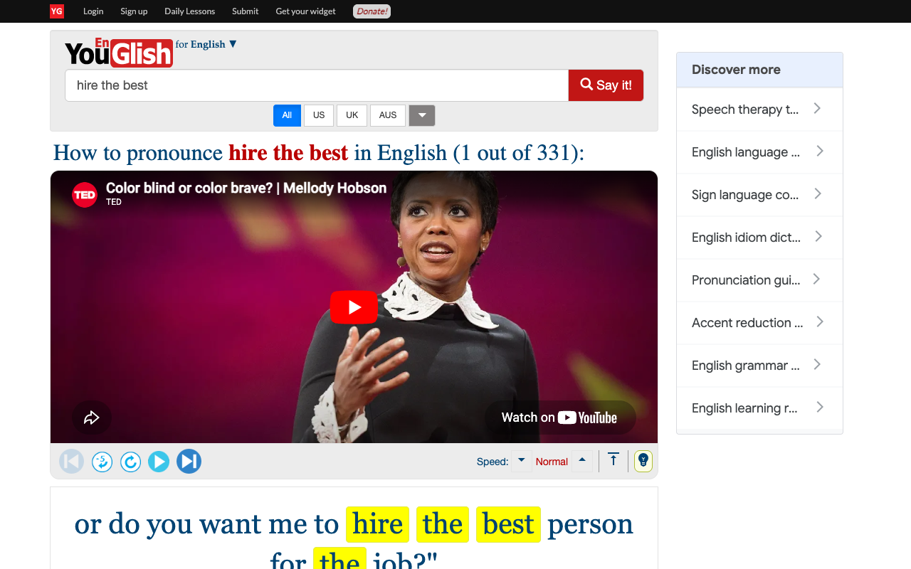 YouGlish landing page screenshot